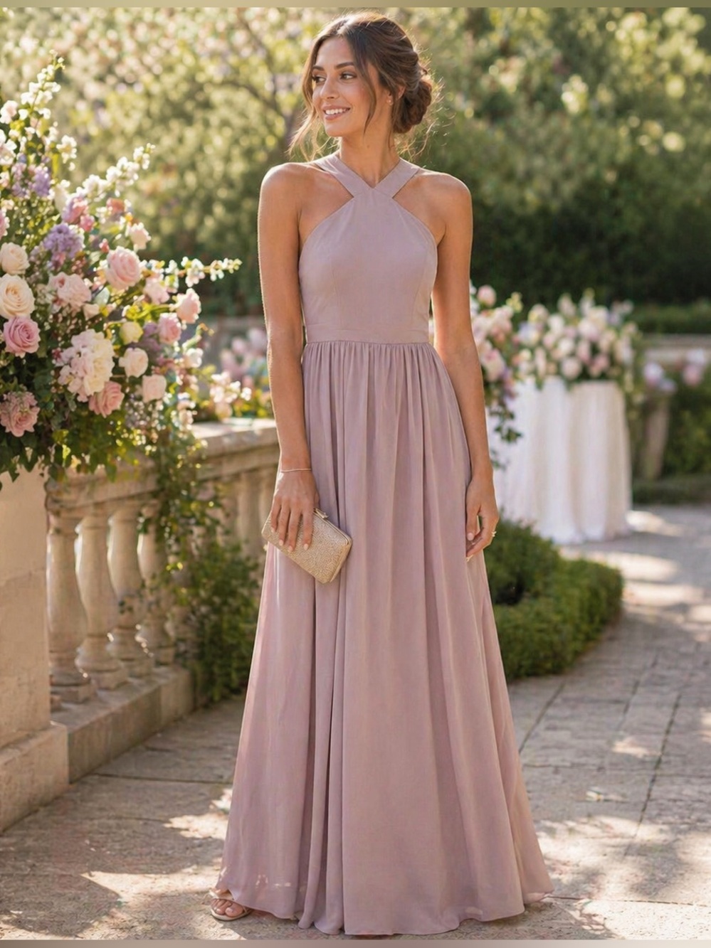 Lulus Dusty Mauve Chiffon Cross Neck Maxi Bridesmaid Dress NWT XS